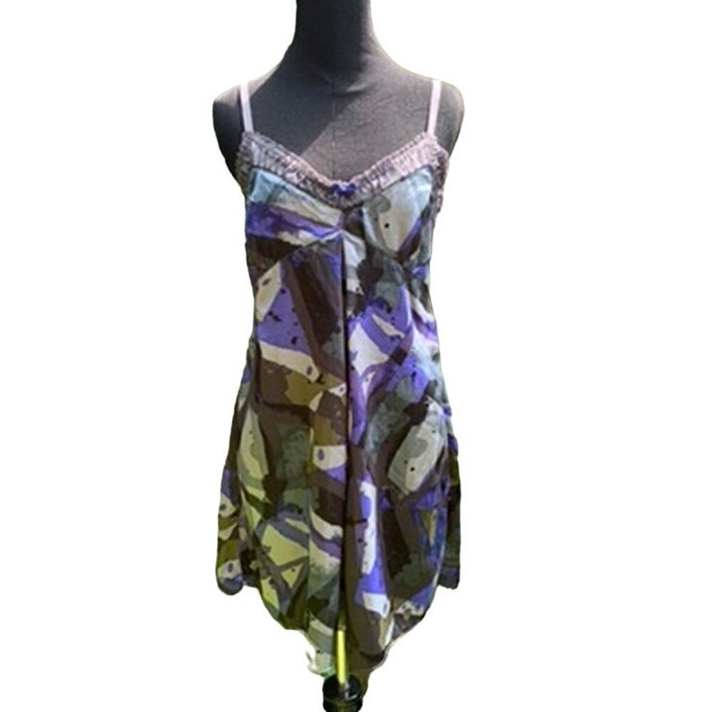 Vera Wang Satin Blue Watercolor Print Chemise Slip Sleepwear Dress Size Small